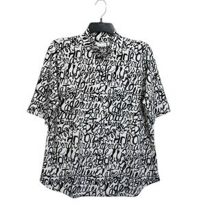 New York Company Top Women L‎ Ivory Black Short Sleeve Mock Neck Script